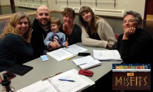 Cast for 'Christmas with Misfits' (from left) is Colleen Baum, Kirt Bateman (holding his son, Oscar), Jeanette Puhich, Cheryl Ann Cluff (director), and Julie Jensen (playwright).